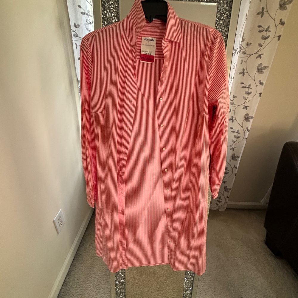 J McLaughlin Shirt Dress Orange and White Striped Shirt Dress.